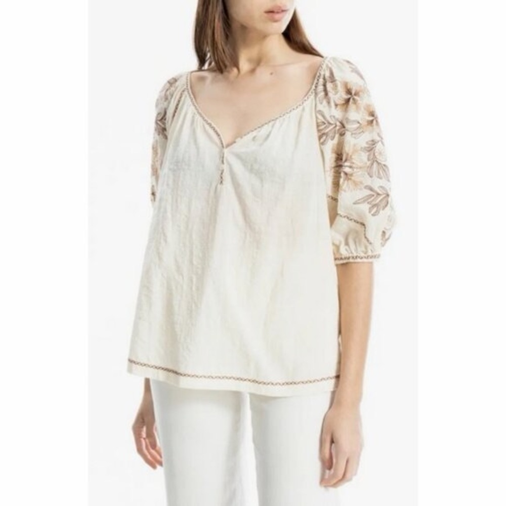 Max Studio Cream Peasant Blouse with Embroidered Puff Sleeves